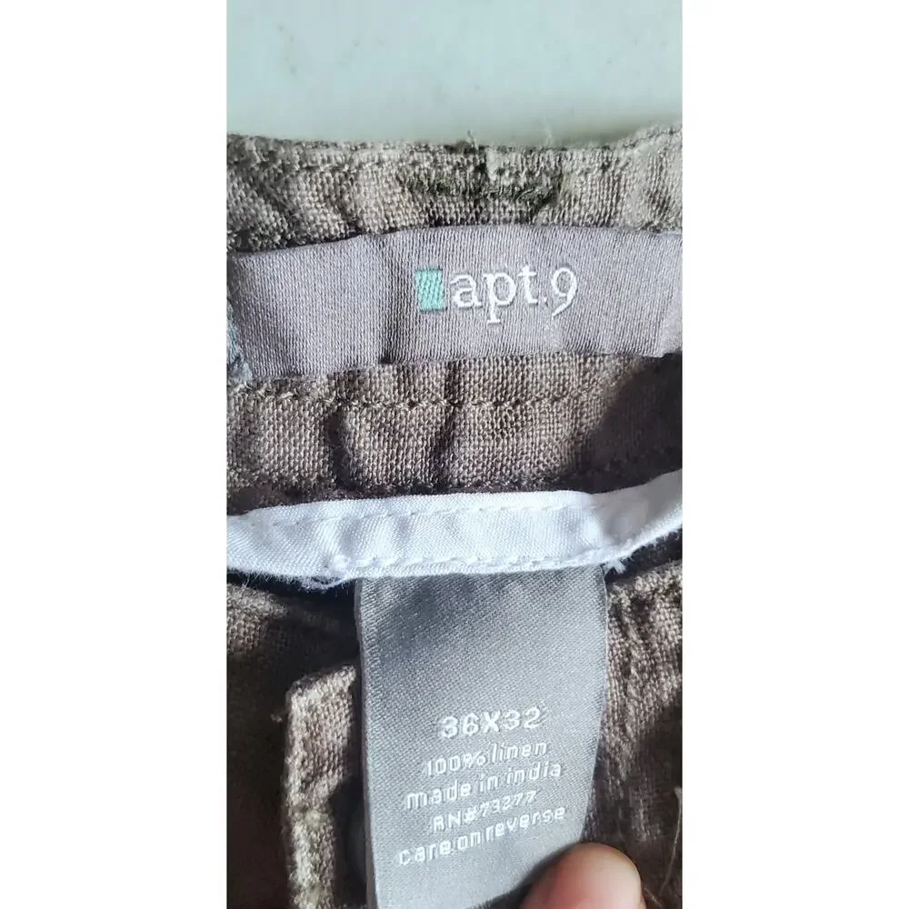 Apt 9 Mens Taupy Green 100% Linen Pants Size 36x32 Preppy Beachy Travel Resort